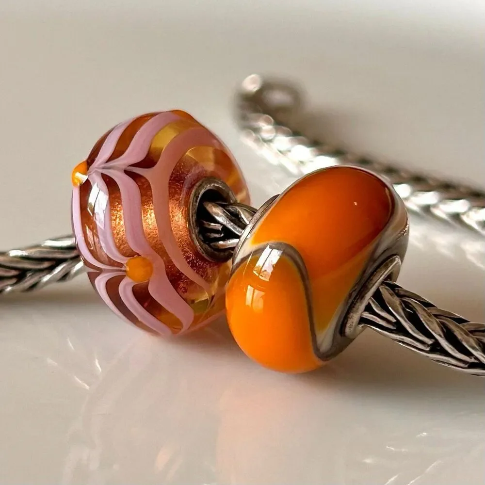 TROLLBEADS Lot of 2 Pink & Orange Beads LAA 925S Armadillo & Chevron Unique